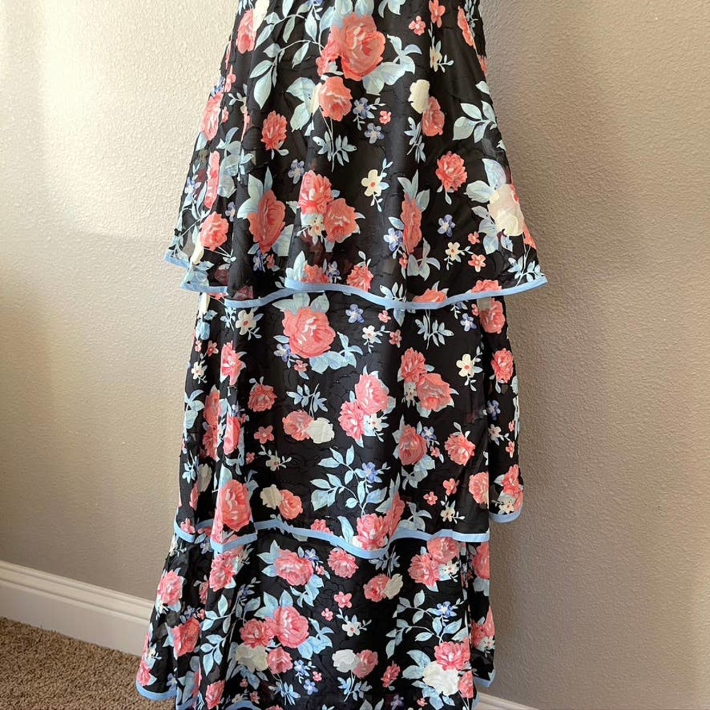 Foxiedox Darlene Ruffle Tiered Floral Print Keyhole Bodice Maxi Formal Dress Lrg - Picture 5 of 12